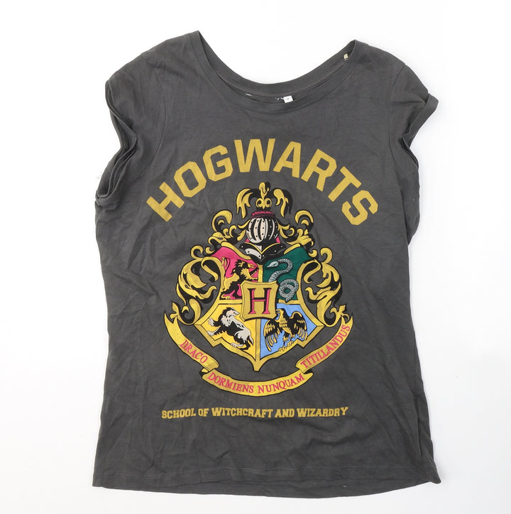 New Look Womens Grey  Cotton Basic T-Shirt Size 10 Round Neck - Hogwarts