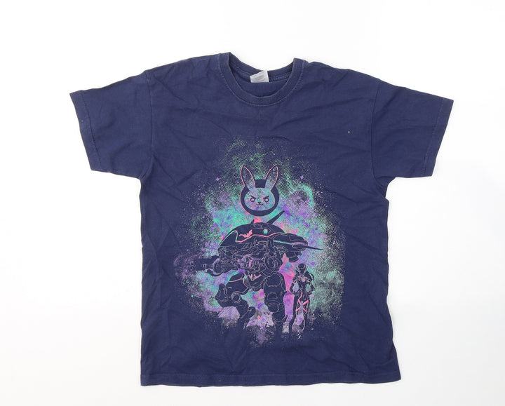 Fruit of the Loom Boys Blue Cotton Basic T-Shirt Size 9-10 Years Round Neck Pullover - Crazy Bunny