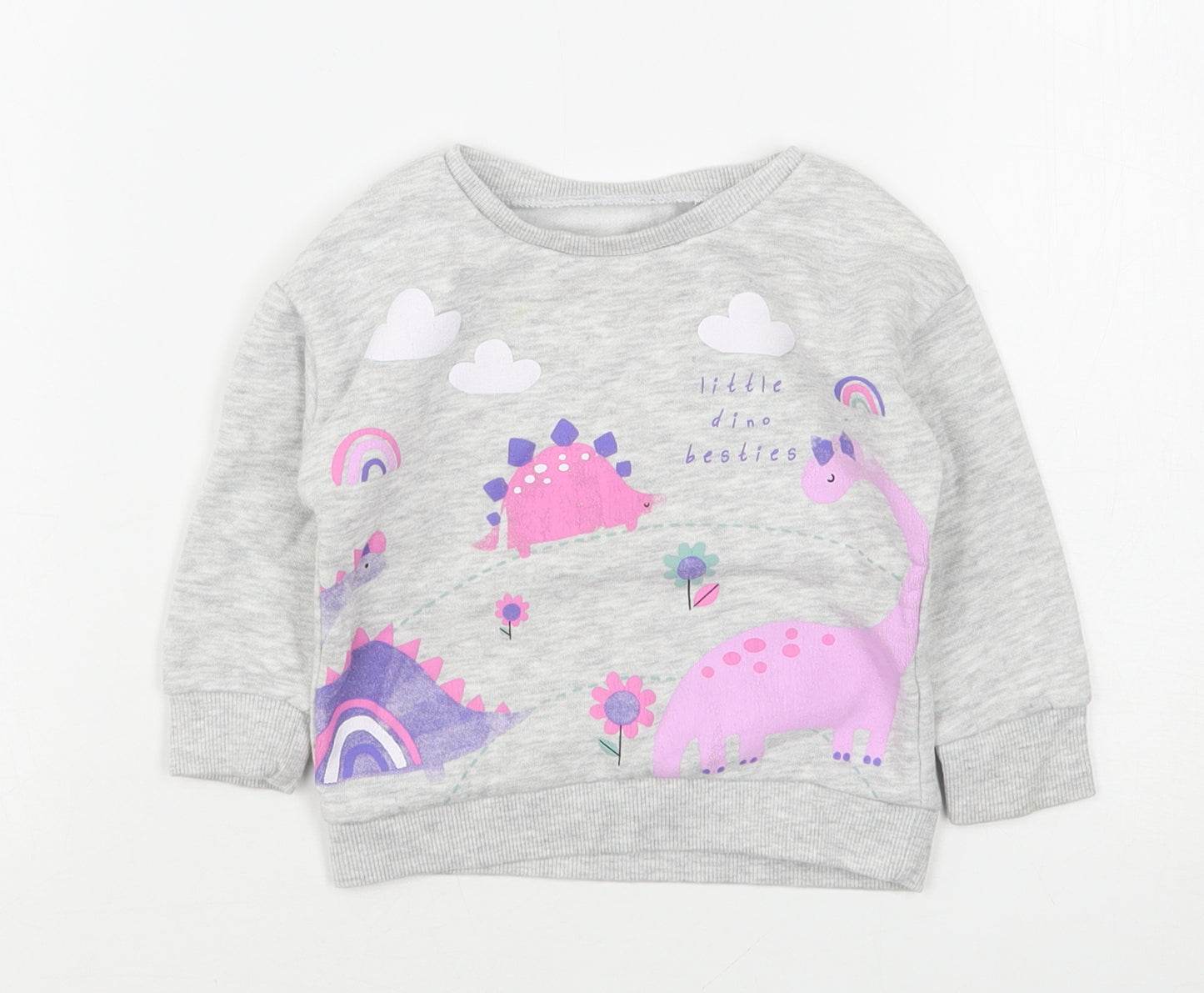 Dunnes Stores Girls Grey  Cotton Pullover Jumper Size 9-12 Months   - Dinosaur
