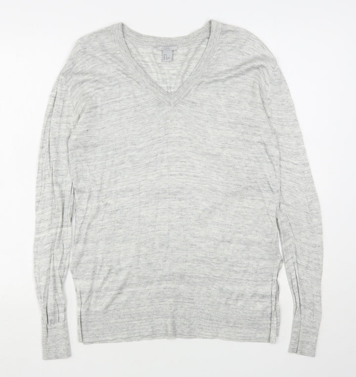 H&M Womens Grey V-Neck  Viscose Pullover Jumper Size S