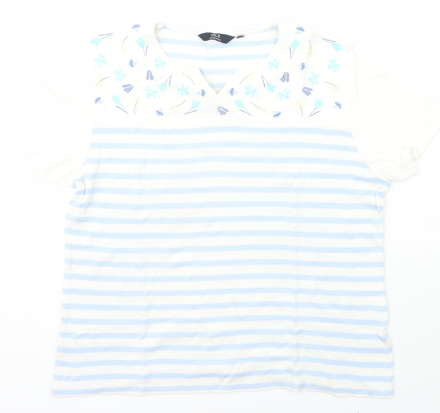 Isle Essentials Womens White Striped Cotton Basic T-Shirt Size L V-Neck