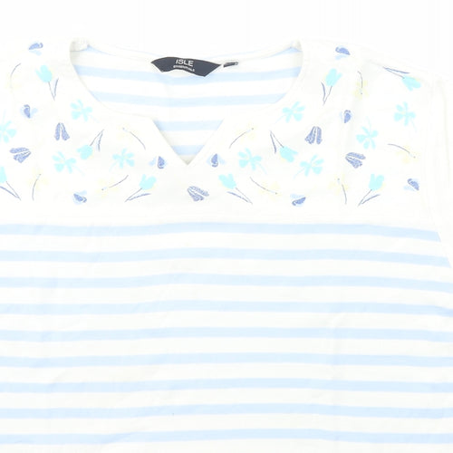 Isle Essentials Womens White Striped Cotton Basic T-Shirt Size L V-Neck