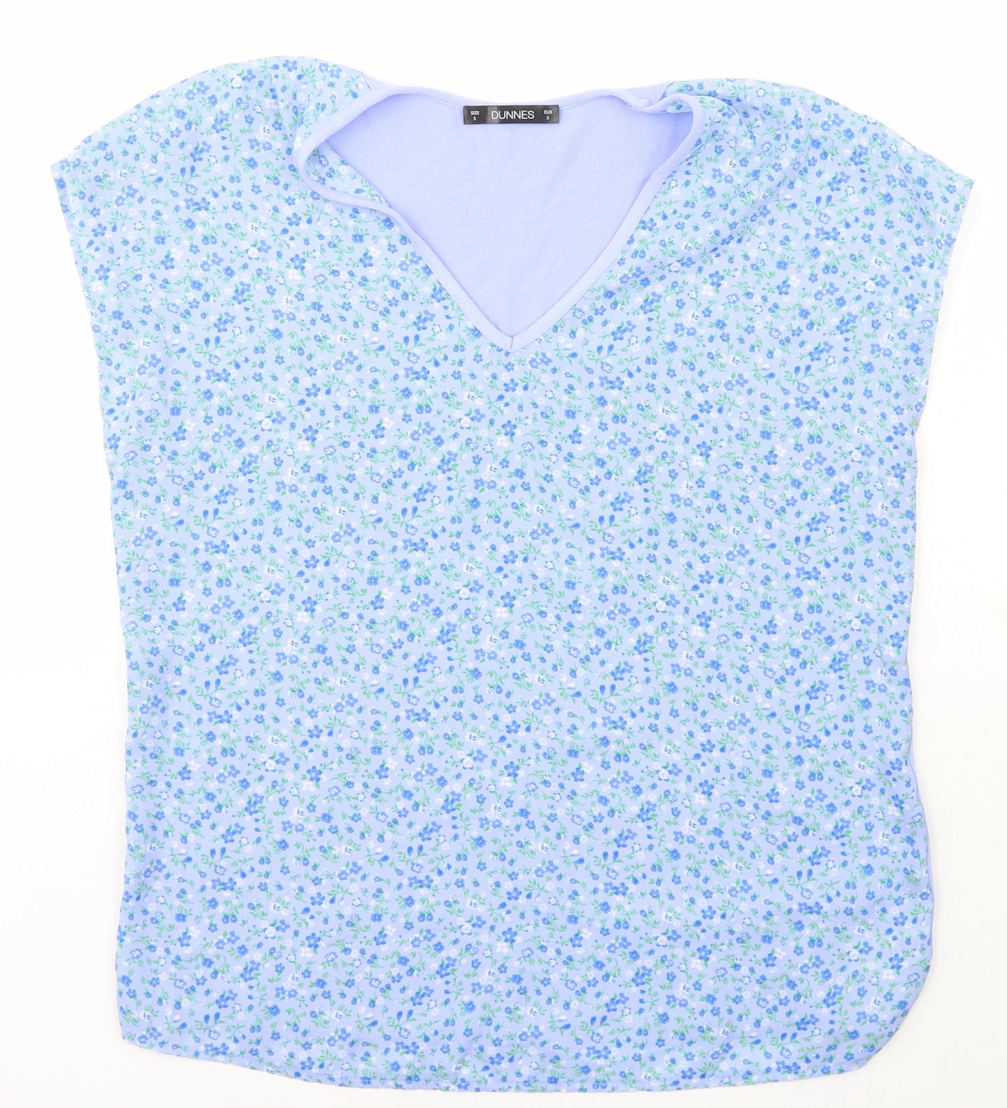 Dunnes Stores Womens Blue Floral Viscose Basic T-Shirt Size S V-Neck