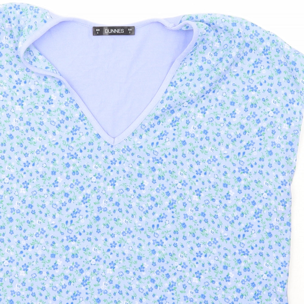 Dunnes Stores Womens Blue Floral Viscose Basic T-Shirt Size S V-Neck
