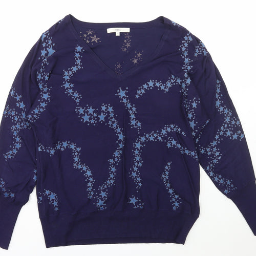 NEXT Womens Blue V-Neck Geometric Viscose Pullover Jumper Size S   - stars