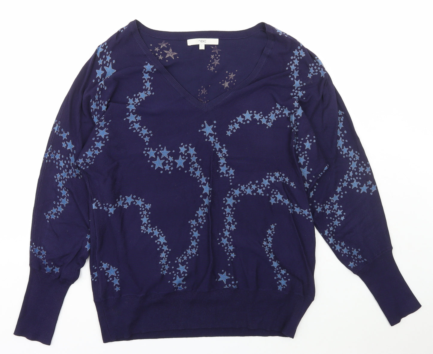 NEXT Womens Blue V-Neck Geometric Viscose Pullover Jumper Size S   - stars