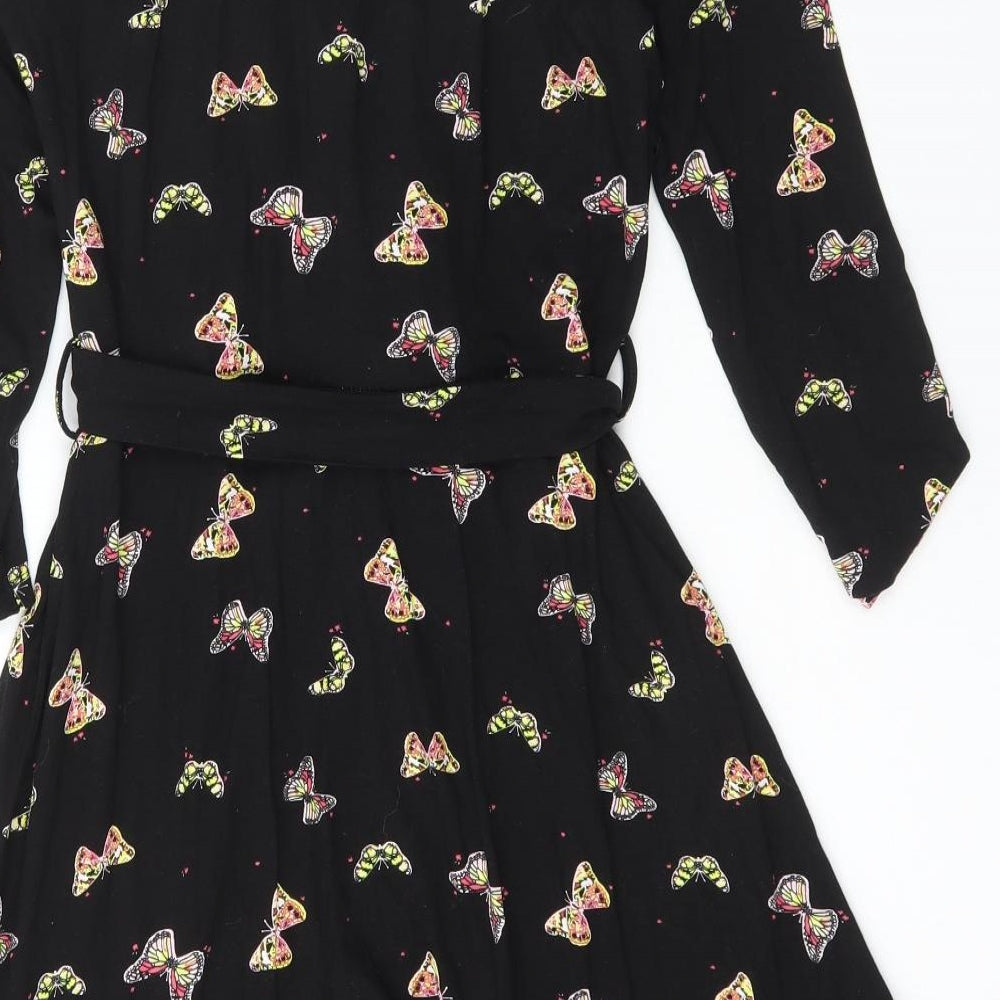 Dorothy Perkins Womens Black Geometric Viscose Skater Dress  Size 10  V-Neck Pullover