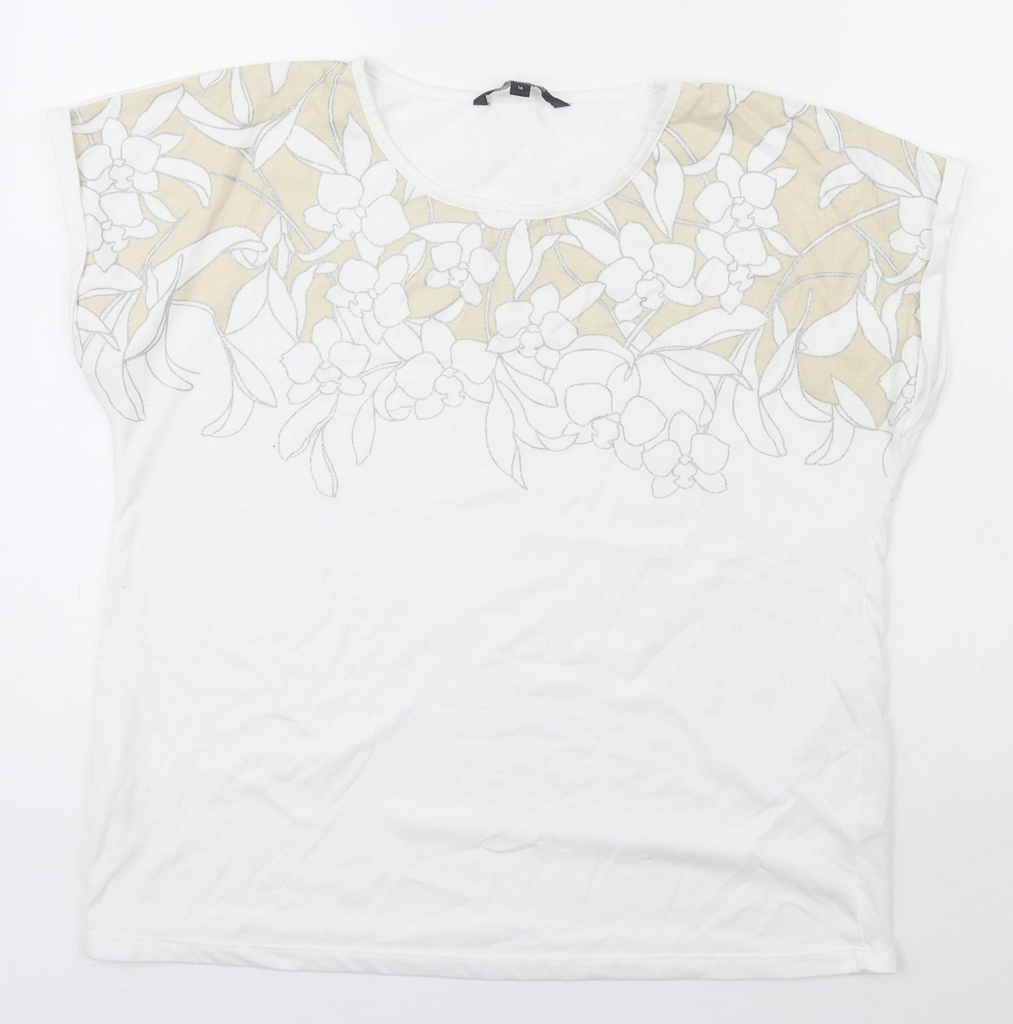 Bonmarché Womens White Floral Polyester Tunic T-Shirt Size 16 Scoop Neck