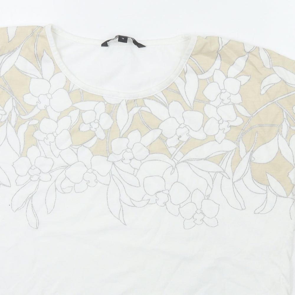 Bonmarché Womens White Floral Polyester Tunic T-Shirt Size 16 Scoop Neck