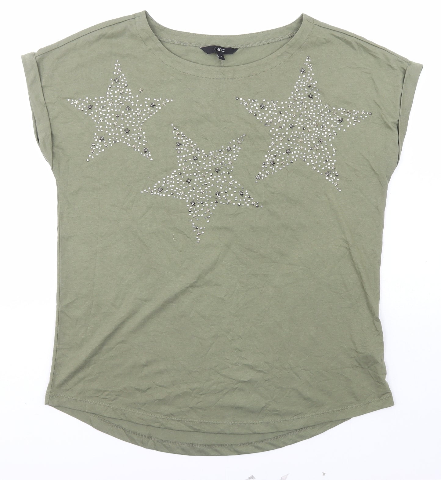 NEXT Womens Green  Cotton Basic T-Shirt Size 14 Scoop Neck - stars