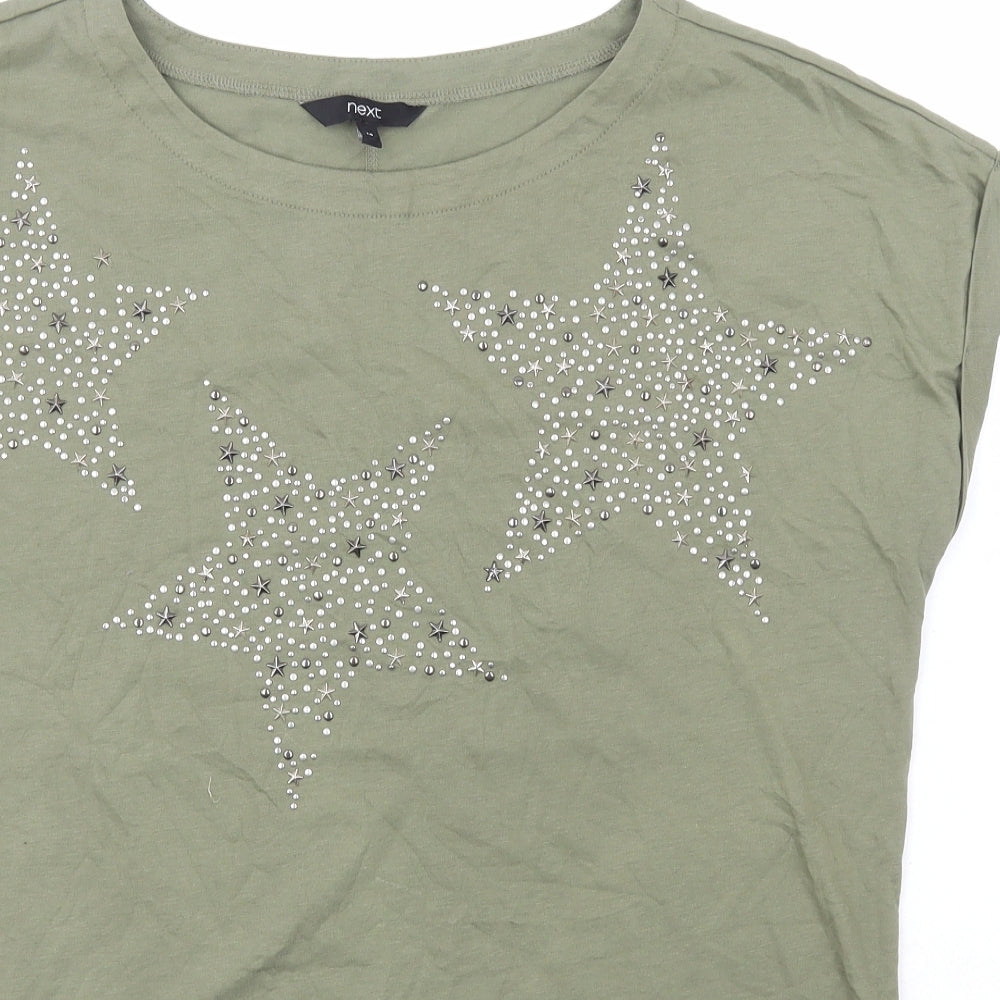 NEXT Womens Green  Cotton Basic T-Shirt Size 14 Scoop Neck - stars