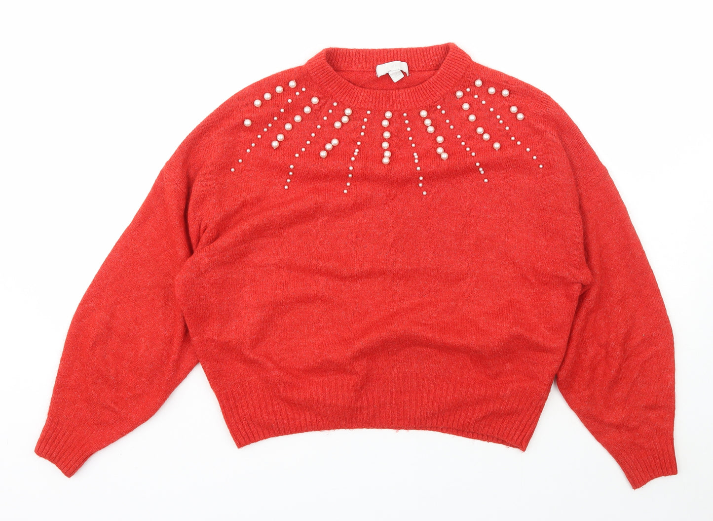 H&_M Womens Red Crew Neck  Acrylic Pullover Jumper Size M