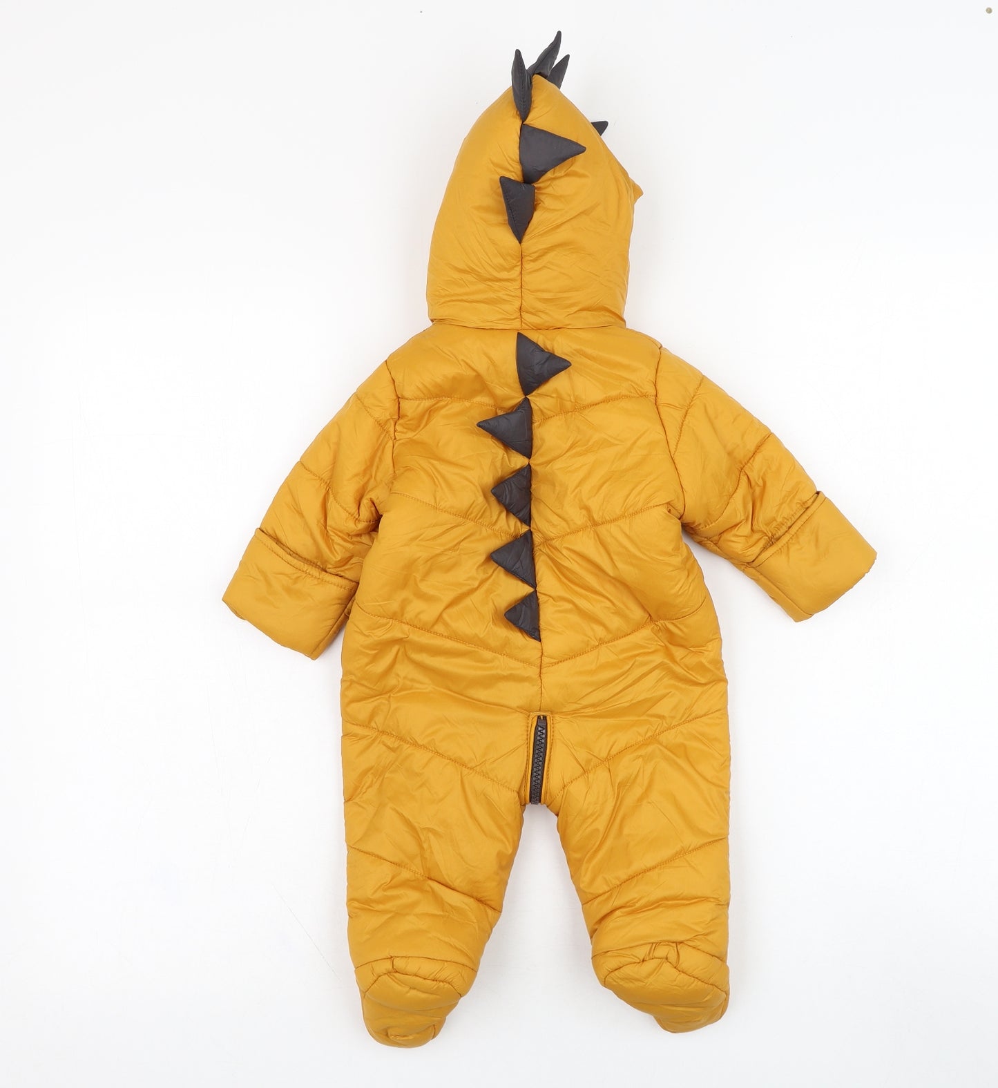 Matalan Boys Yellow   Puffer Jacket Snowsuit Size 0-3 Months   Zip - Dinosaur