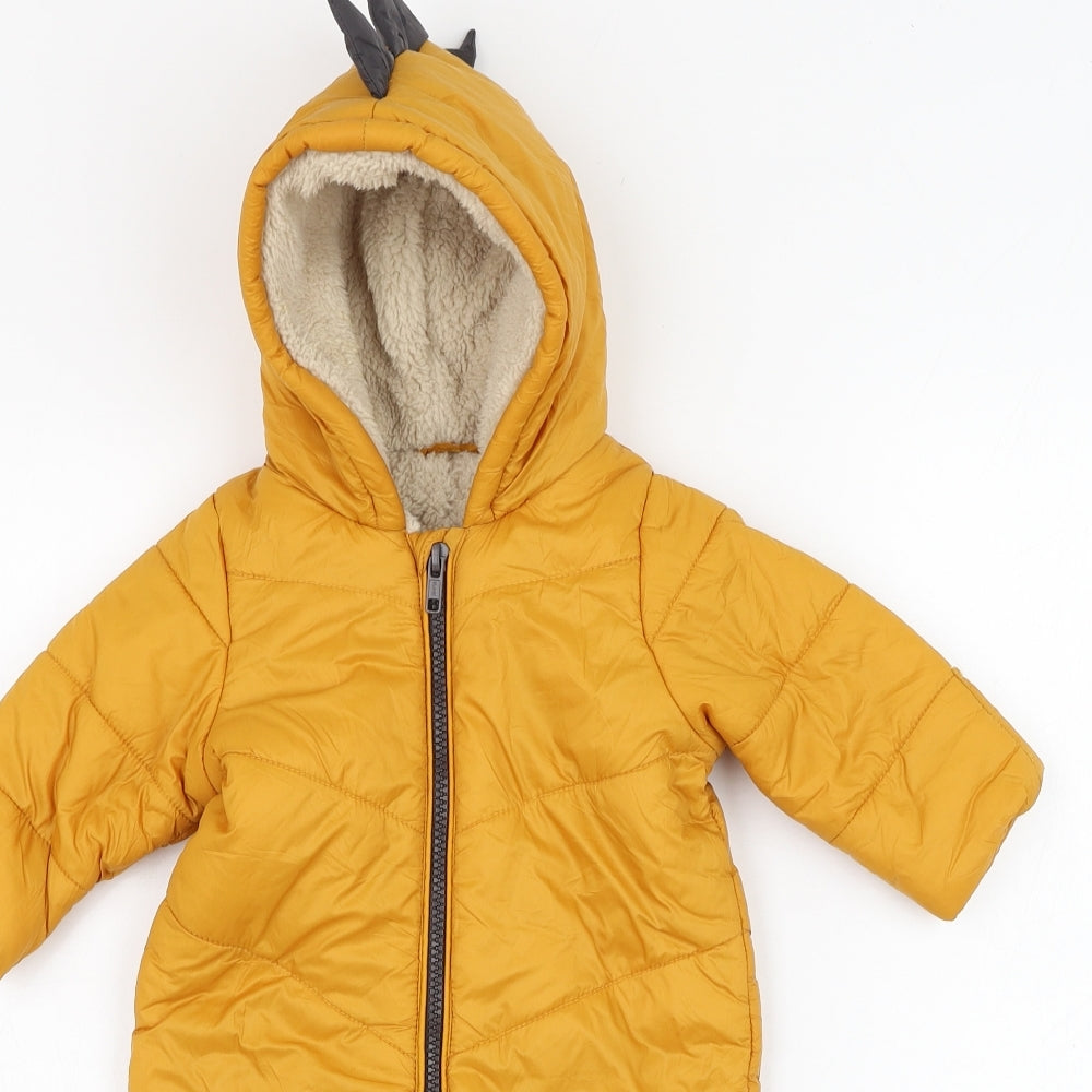 Matalan Boys Yellow   Puffer Jacket Snowsuit Size 0-3 Months   Zip - Dinosaur