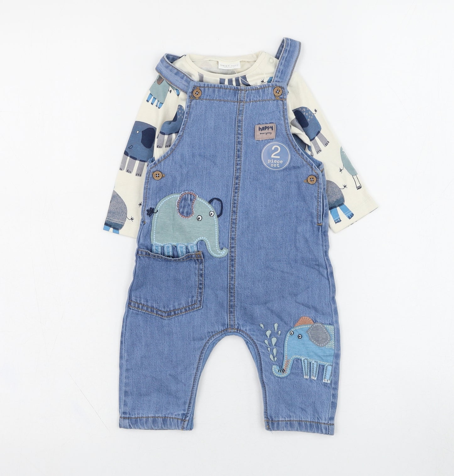 NEXT Boys Blue  Cotton Dungaree Outfit/Set Size 3-6 Months  Button - Elephant