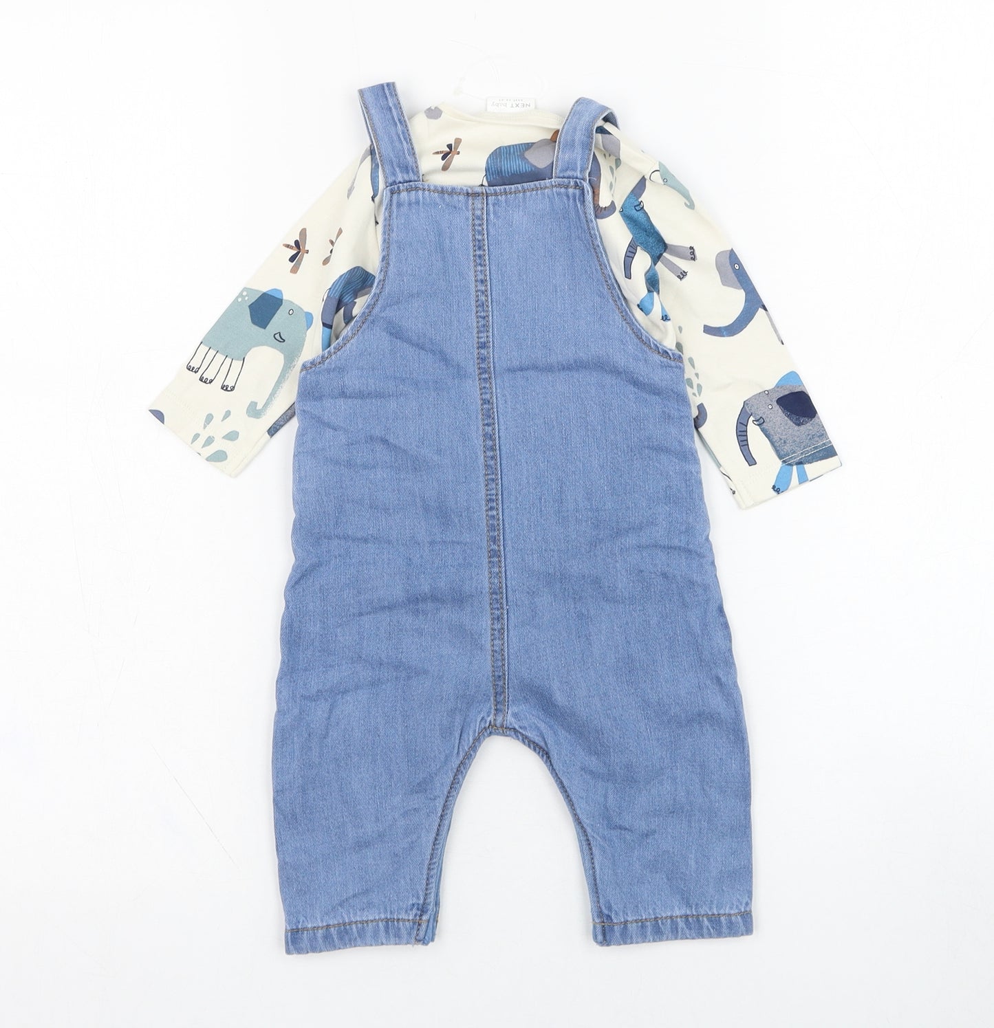 NEXT Boys Blue  Cotton Dungaree Outfit/Set Size 3-6 Months  Button - Elephant
