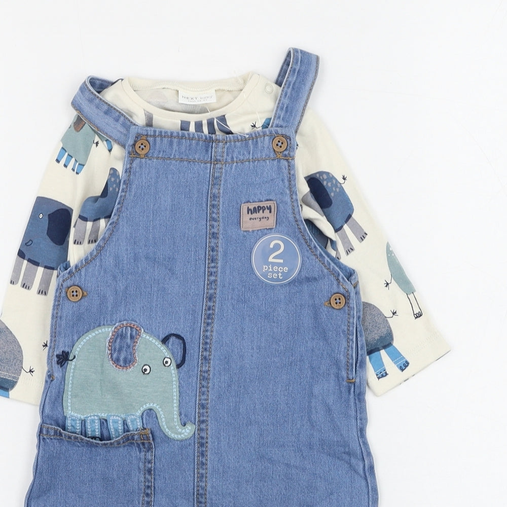 NEXT Boys Blue  Cotton Dungaree Outfit/Set Size 3-6 Months  Button - Elephant
