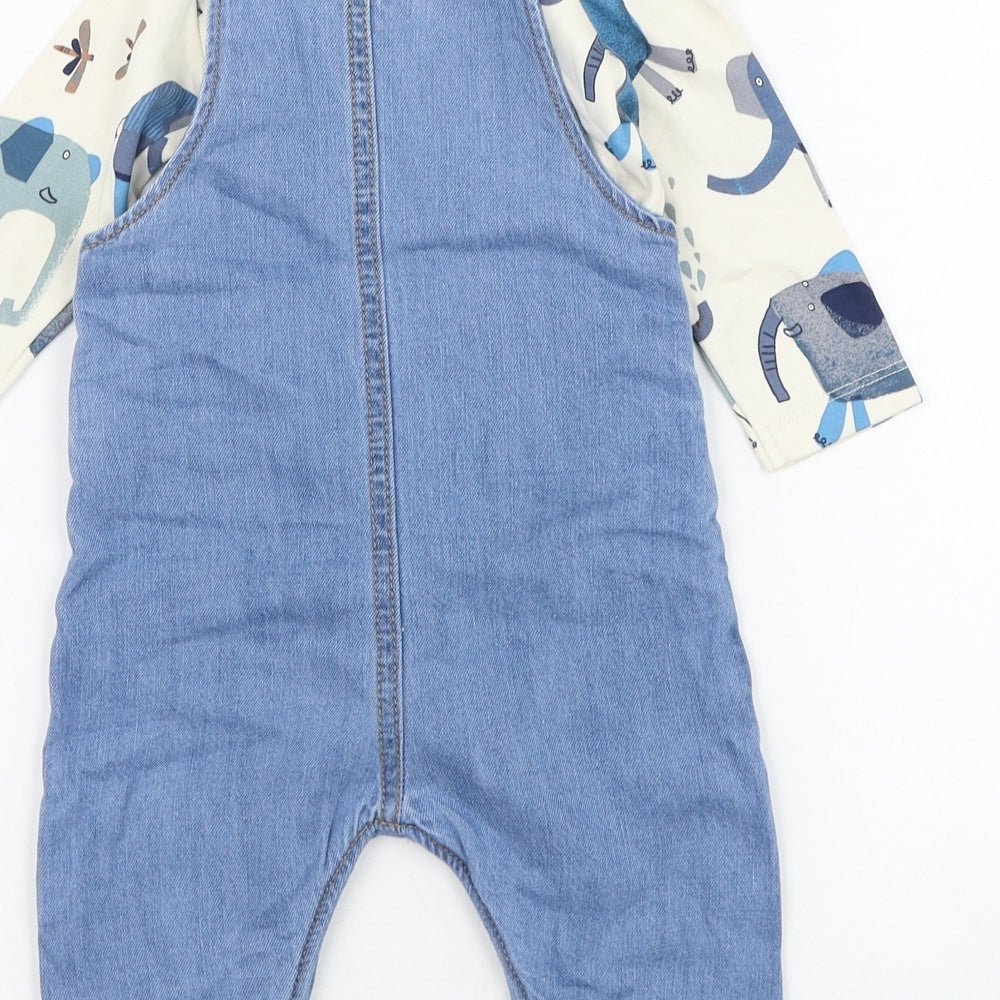 NEXT Boys Blue  Cotton Dungaree Outfit/Set Size 3-6 Months  Button - Elephant