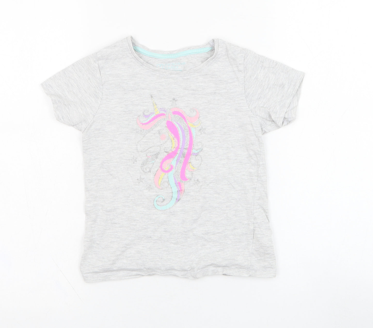 Primark Girls Grey  Camel Basic T-Shirt Size 6-7 Years Round Neck Pullover - Unicorn