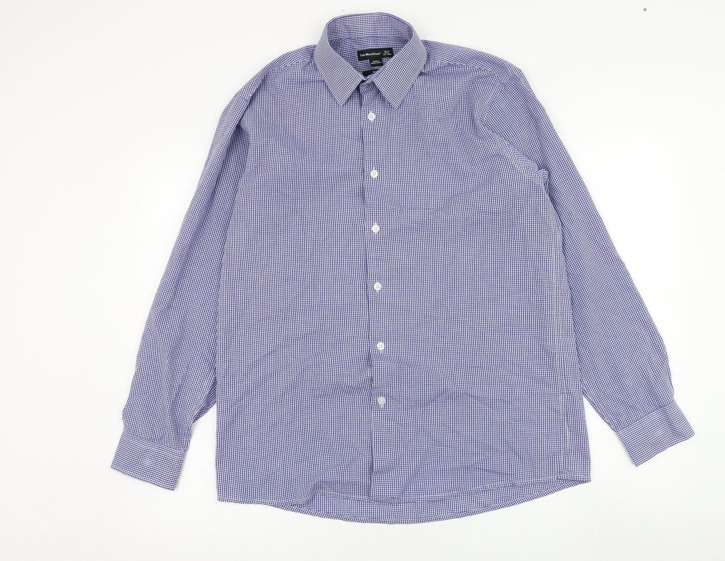 Cedar Wood State Mens Blue Check Polyester  Dress Shirt Size 15.5 Collared Button