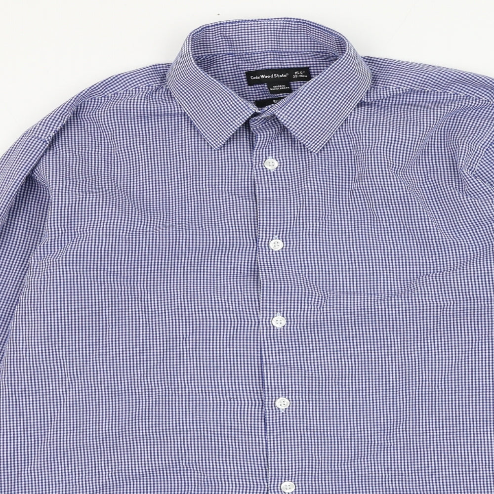 Cedar Wood State Mens Blue Check Polyester  Dress Shirt Size 15.5 Collared Button