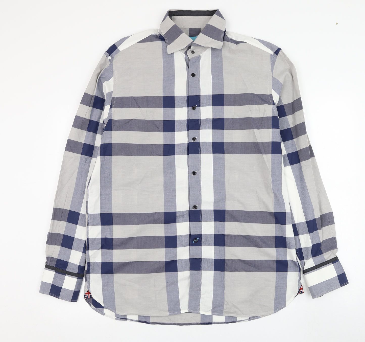 British Indigo Mens Grey Check Cotton  Dress Shirt Size 44 Collared Button