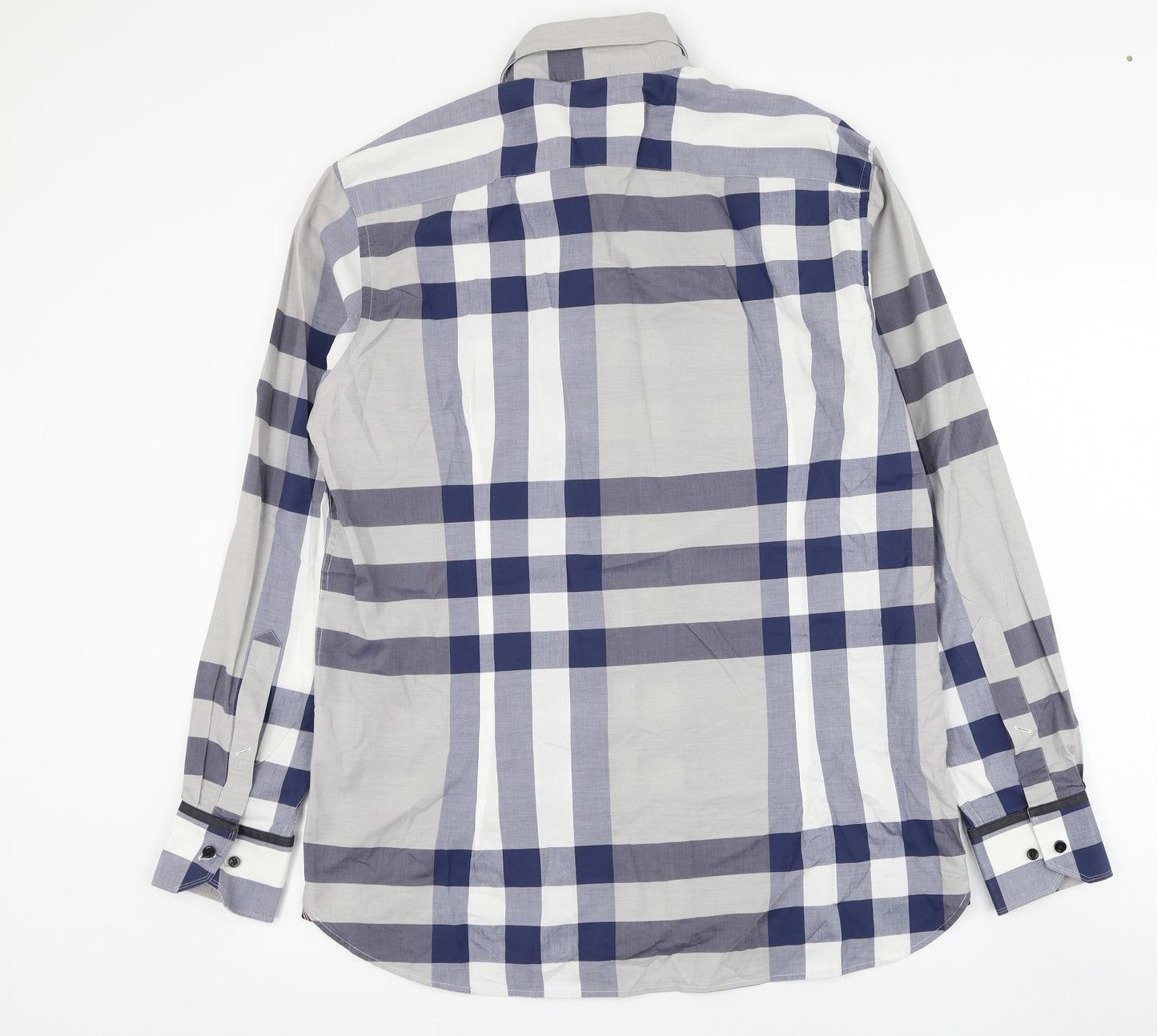 British Indigo Mens Grey Check Cotton  Dress Shirt Size 44 Collared Button