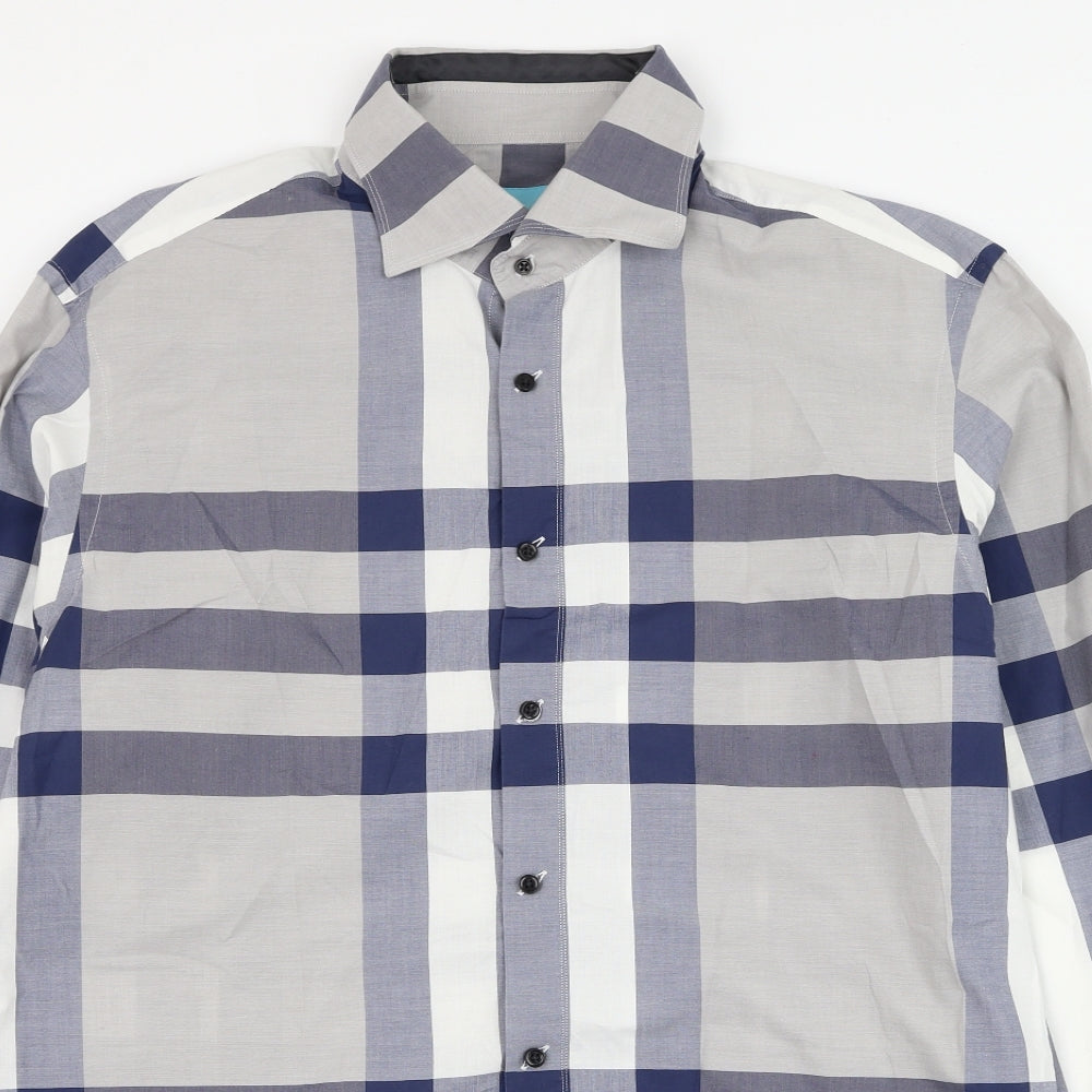 British Indigo Mens Grey Check Cotton  Dress Shirt Size 44 Collared Button