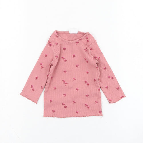 F&F Girls Pink Floral Cotton Basic T-Shirt Size 0-3 Months Round Neck Pullover