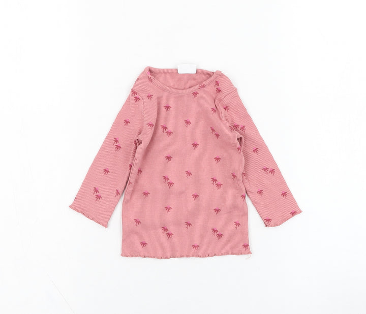 F&F Girls Pink Floral Cotton Basic T-Shirt Size 0-3 Months Round Neck Pullover