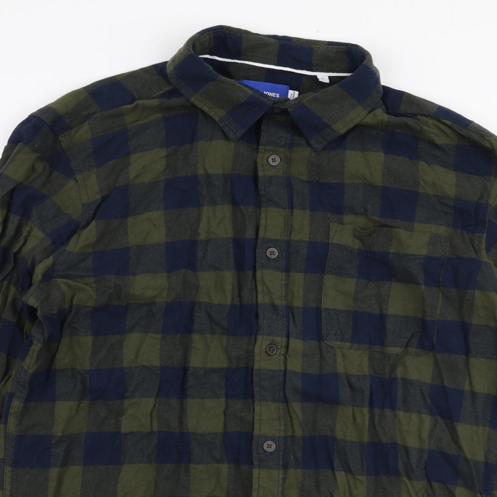 JACK & JONES Mens Green Check Cotton  Button-Up Size L Collared Button
