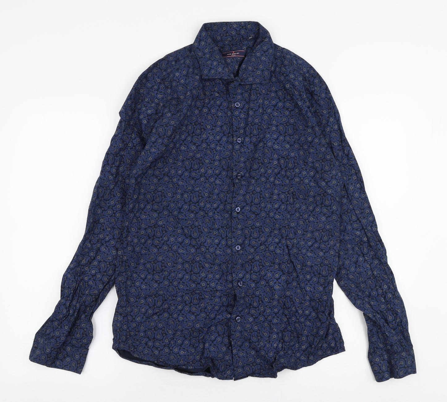 Luc Brevet  Mens Blue Paisley Cotton  Button-Up Size 15.5 Collared Button