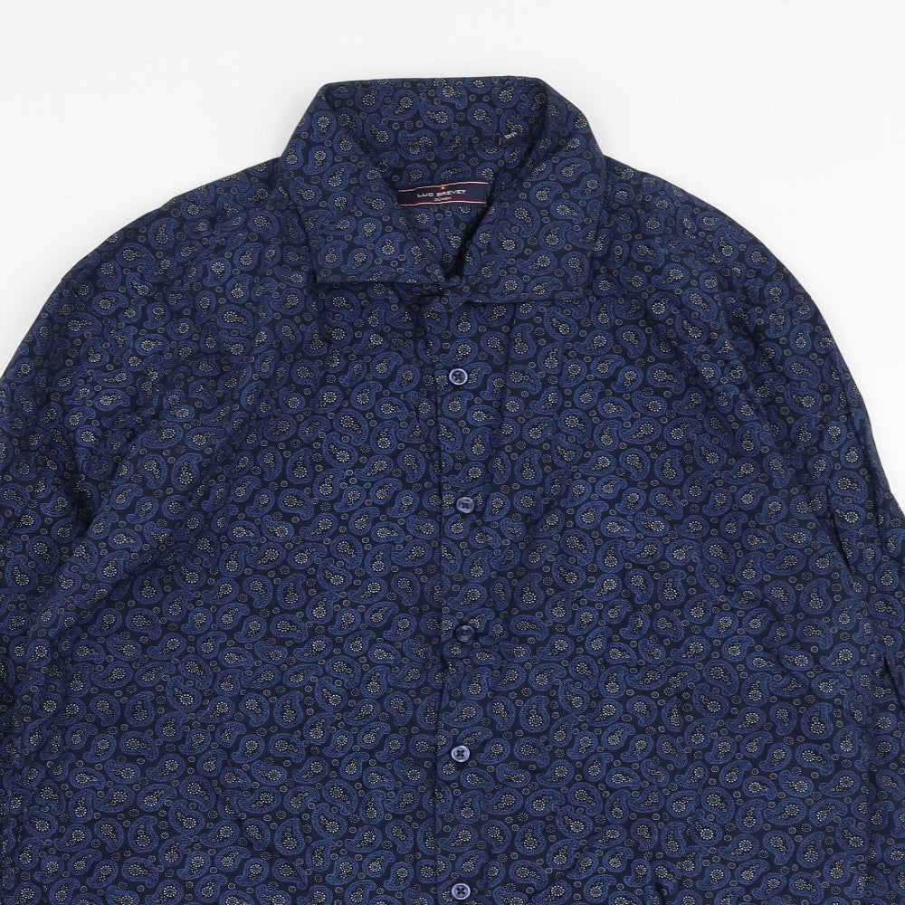 Luc Brevet  Mens Blue Paisley Cotton  Button-Up Size 15.5 Collared Button