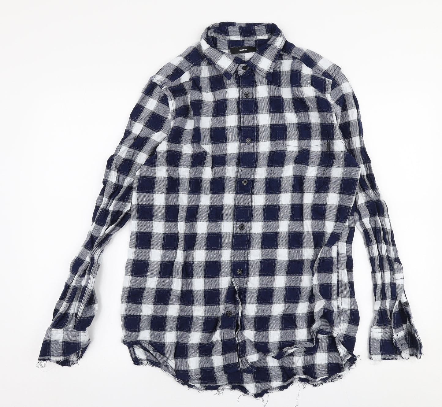 Diesel Mens Blue Check Cotton  Button-Up Size M Collared Button