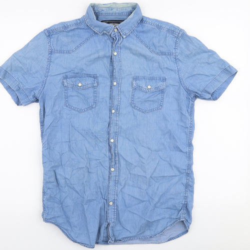 Max Mens Blue  Cotton  Button-Up Size S Collared Snap