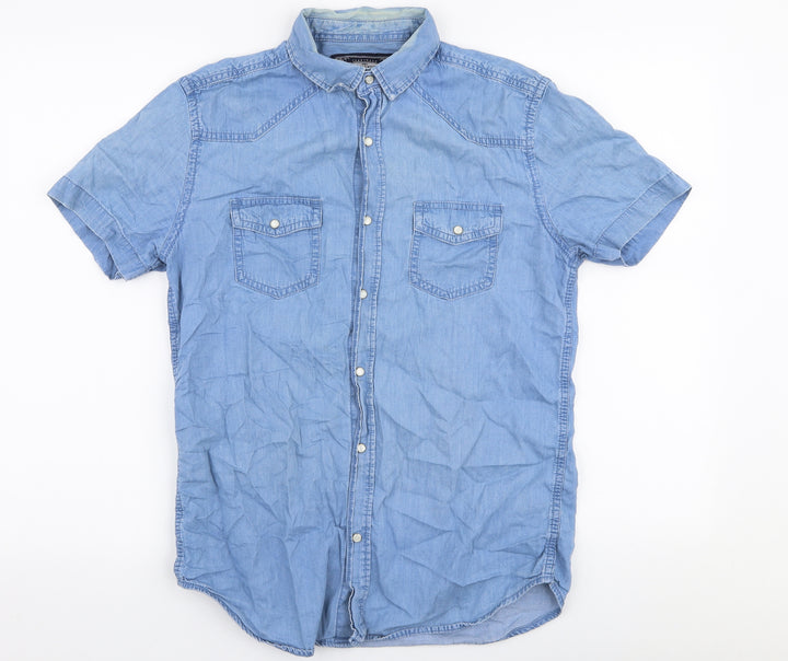Max Mens Blue Cotton Button-Up Size S Collared Snap