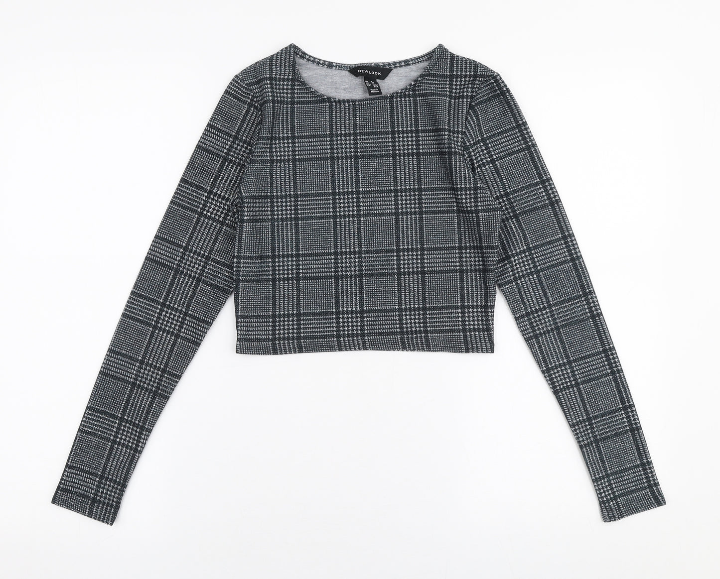 New Look Womens Grey Check Polyester Cropped T-Shirt Size 8 Round Neck