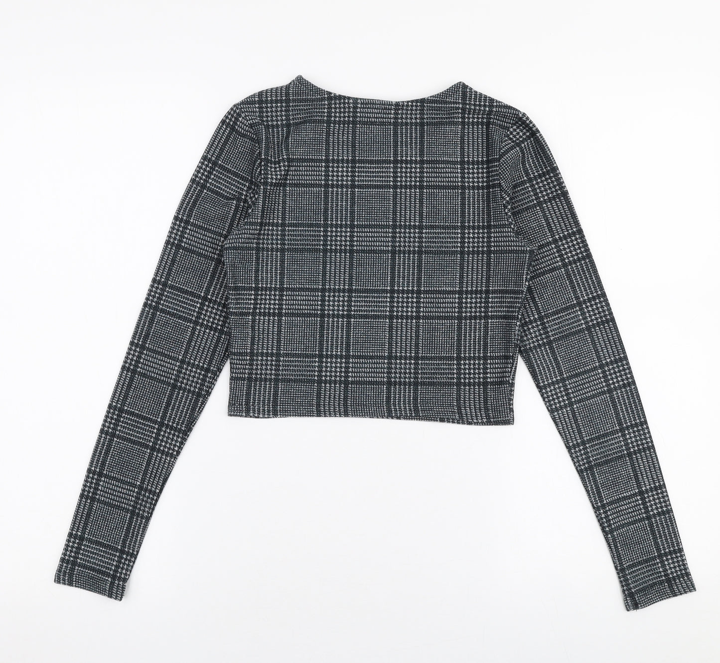 New Look Womens Grey Check Polyester Cropped T-Shirt Size 8 Round Neck