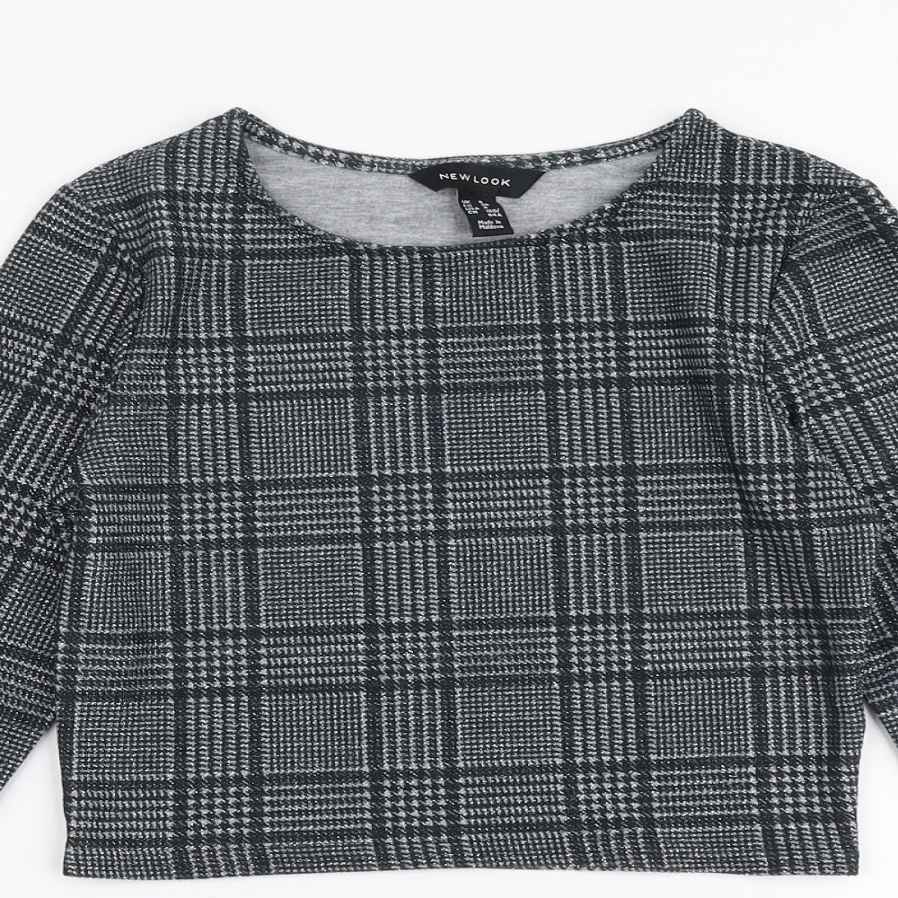 New Look Womens Grey Check Polyester Cropped T-Shirt Size 8 Round Neck