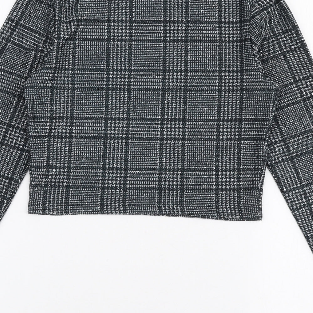 New Look Womens Grey Check Polyester Cropped T-Shirt Size 8 Round Neck