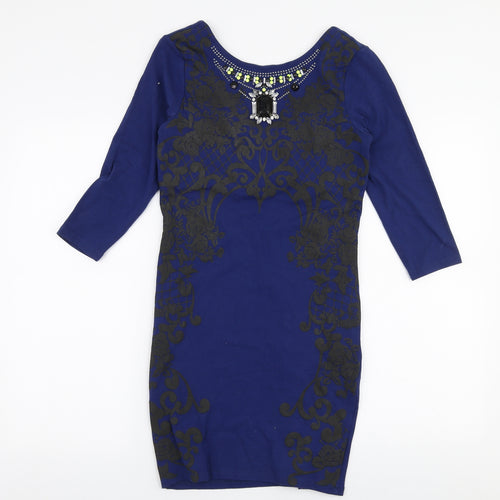 River Island Womens Blue Floral Cotton Bodycon  Size 10  Round Neck Pullover