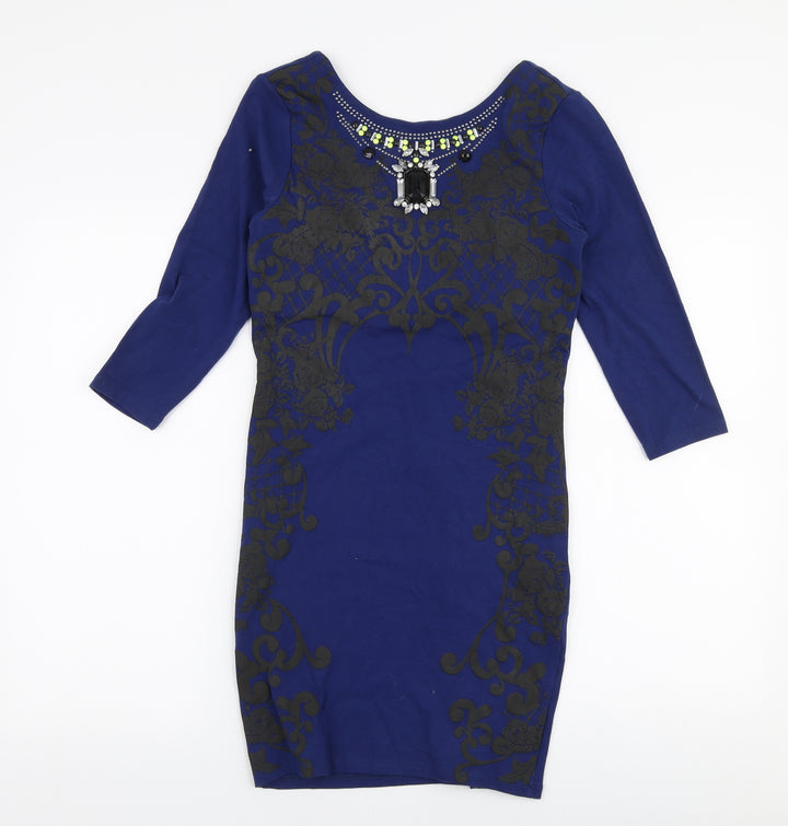 River Island Womens Blue Floral Cotton Bodycon Size 10 Round Neck Pullover