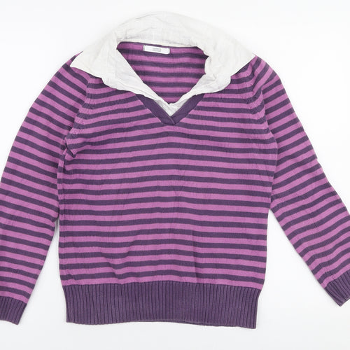 Marks and Spencer Womens Purple Collared Striped Cotton Pullover Jumper Size 12