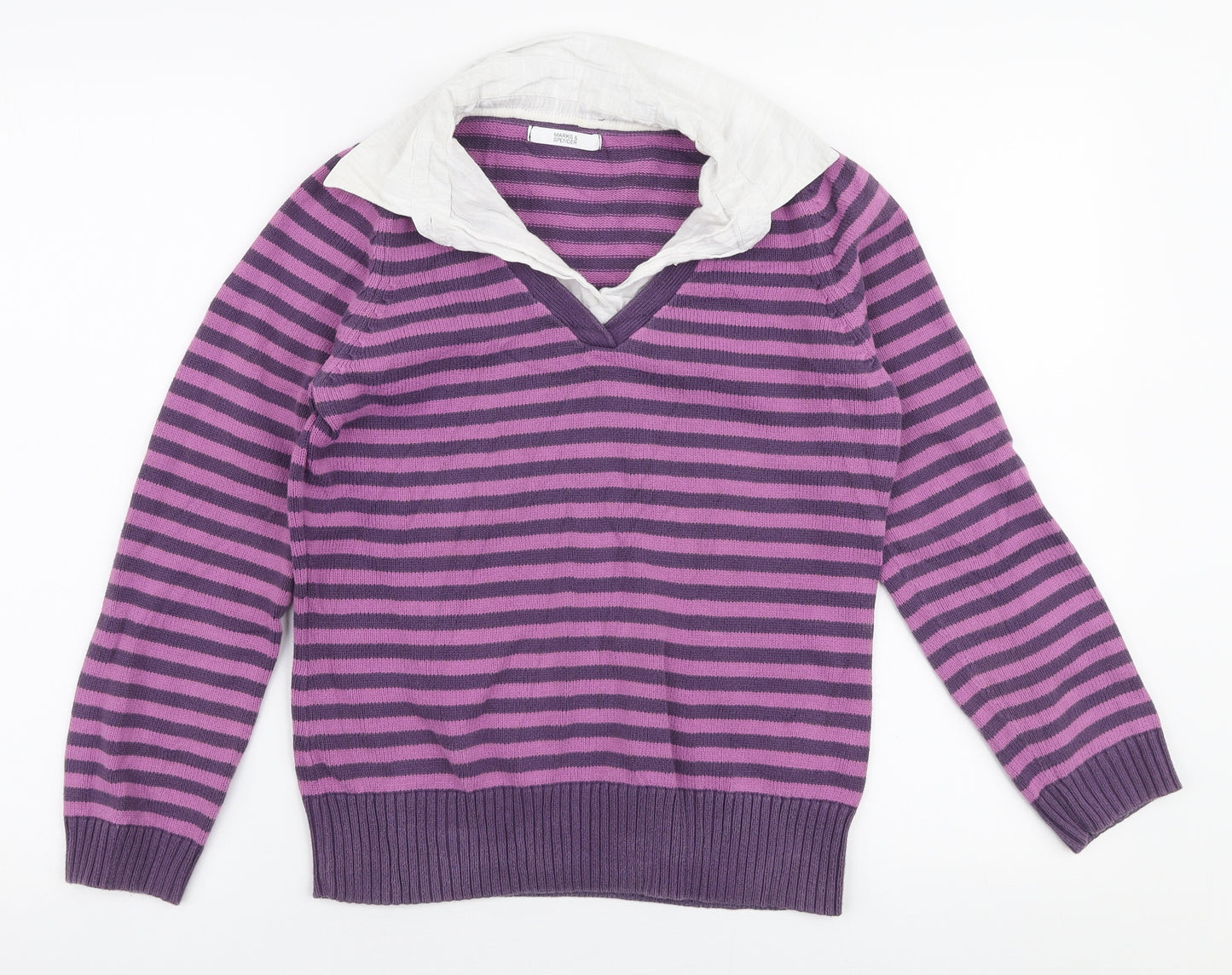 Marks and Spencer Womens Purple Collared Striped Cotton Pullover Jumper Size 12