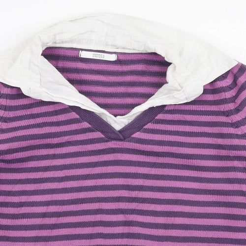 Marks and Spencer Womens Purple Collared Striped Cotton Pullover Jumper Size 12