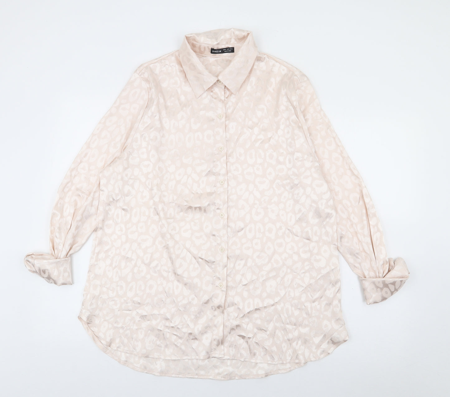 SheIn Womens Ivory Animal Print Polyester Jersey Button-Up Size 16 Collared