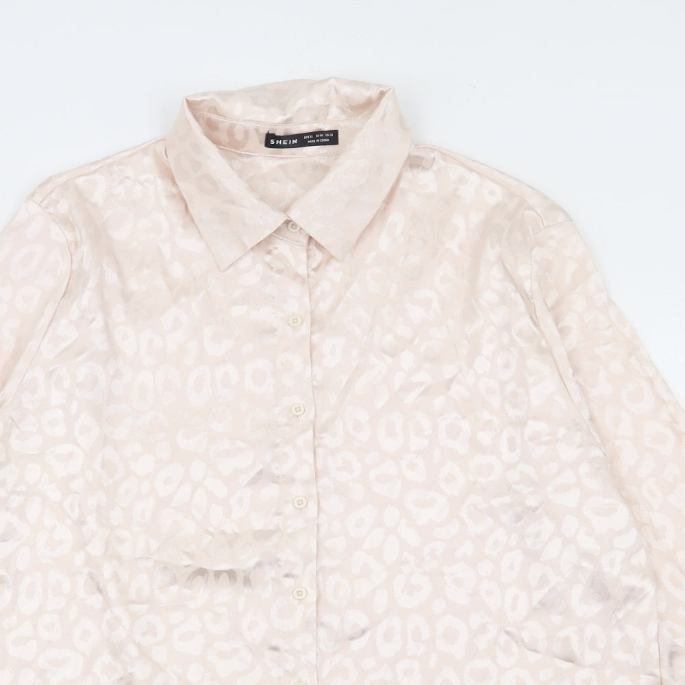 SheIn Womens Ivory Animal Print Polyester Jersey Button-Up Size 16 Collared