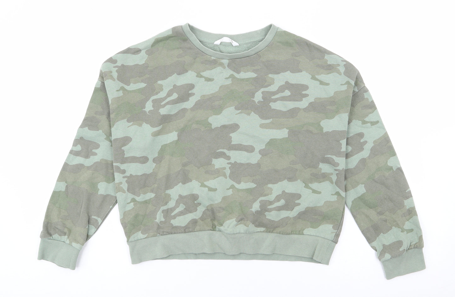 Marks and Spencer Girls Green Crew Neck Camouflage Cotton Pullover Jumper Size 11-12 Years  Pullover - Drop Shoulder