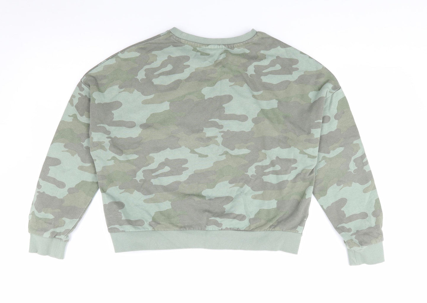 Marks and Spencer Girls Green Crew Neck Camouflage Cotton Pullover Jumper Size 11-12 Years  Pullover - Drop Shoulder