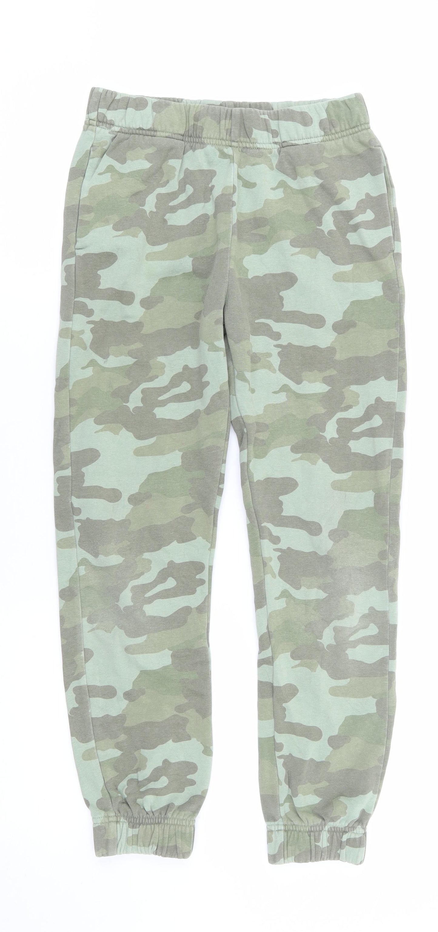 Marks and Spencer Girls Green Camouflage Cotton Jogger Trousers Size 10-11 Years L23.5 in Regular